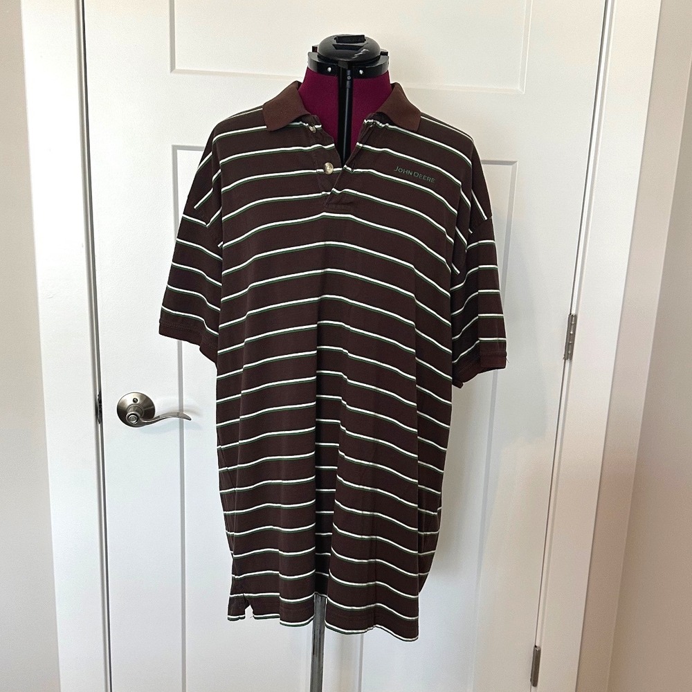 John Deere Mens XXL Brown Striped Short Sleeve Cotton Polo Shirt Logo/Farm Life